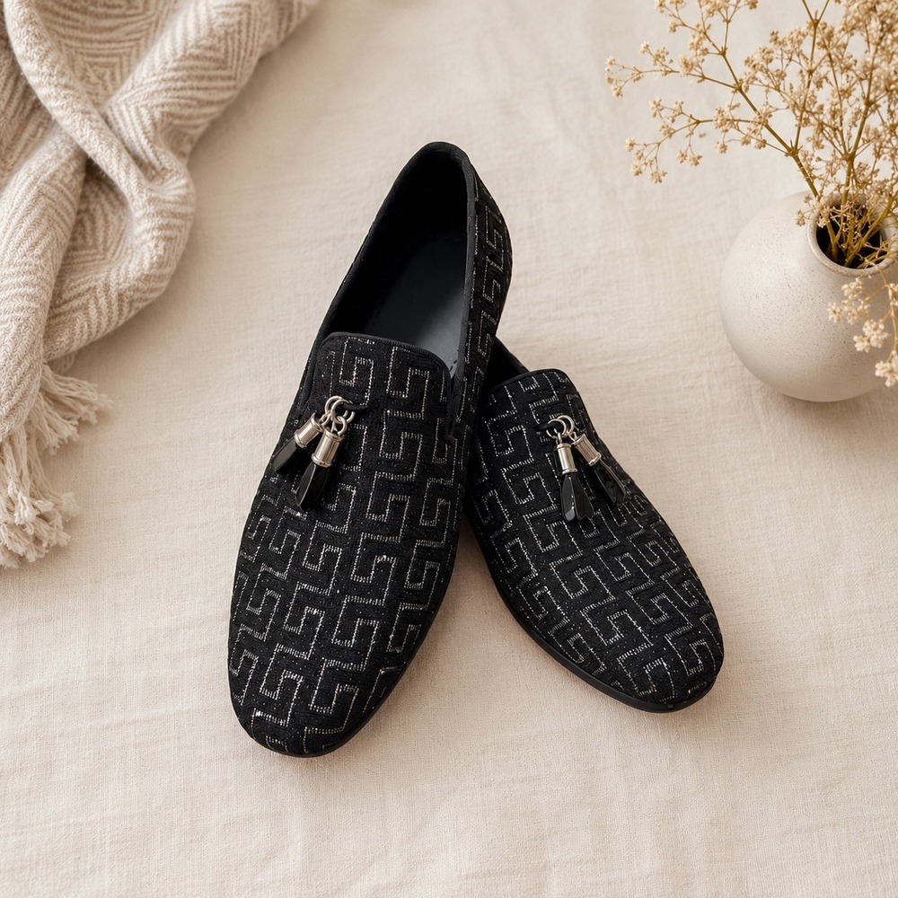 Barabas Loafers Mens 9 Black Silver Greek Key Tassel Slip On Tuxedo Party Shoes